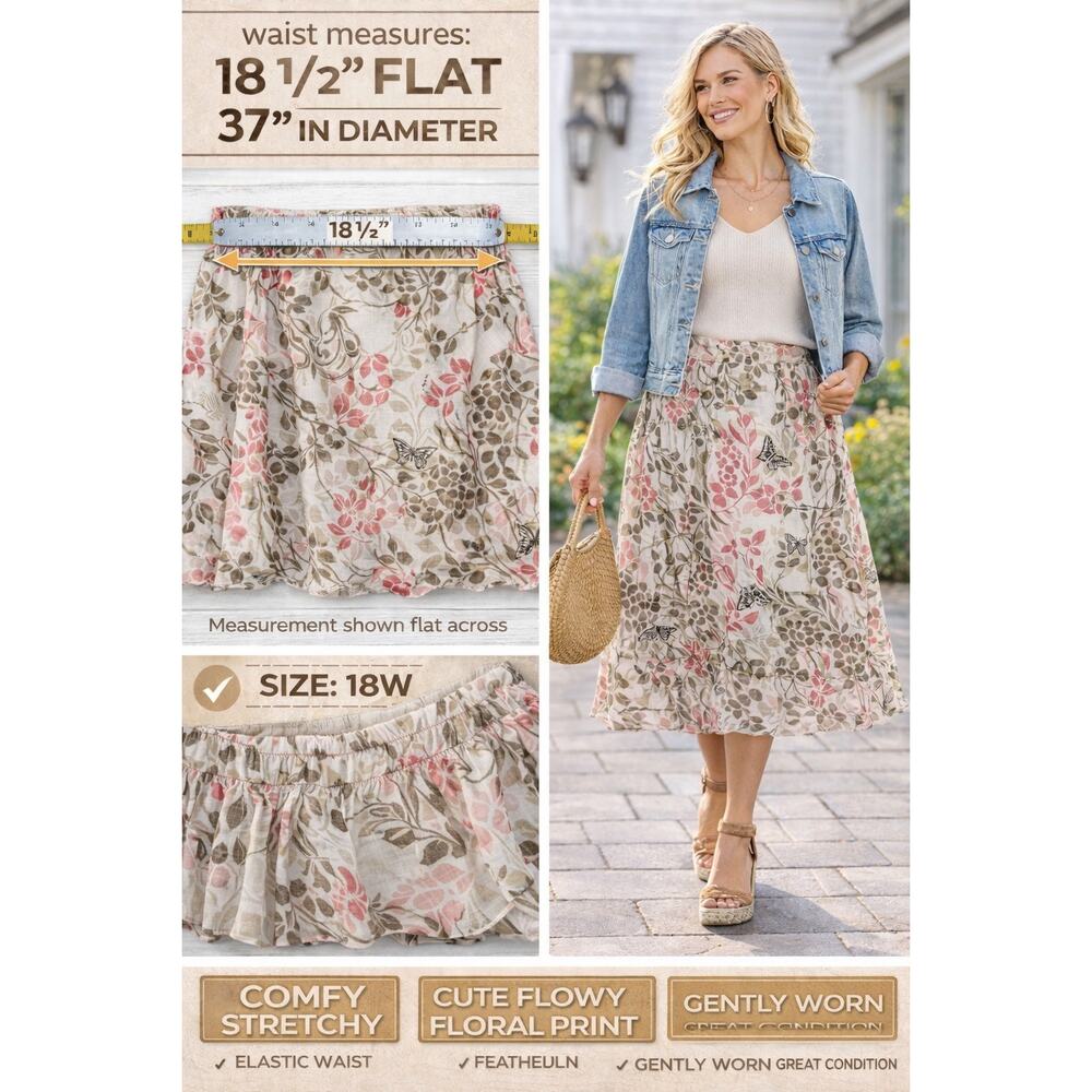 Alfred Dunner 18W Floral Butterfly Midi Skirt Pull On Elastic Waist Boho Cottage
